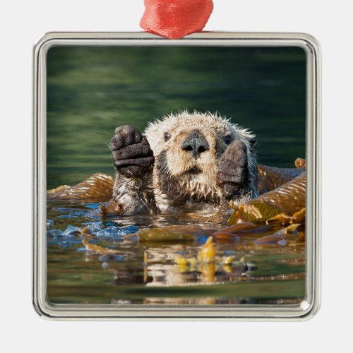 Waving Sea Otter Metal Ornament