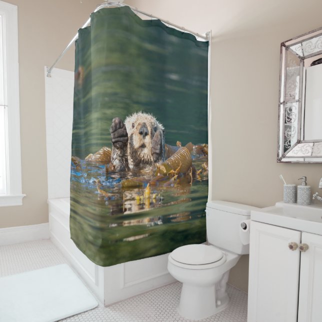 Waving  Sea Otter Shower Curtain (In Situ)