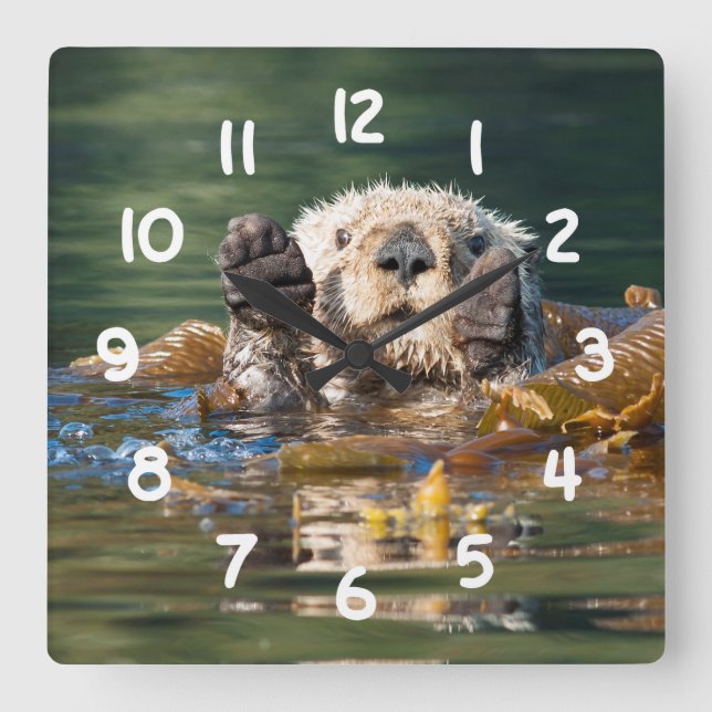 Waving Sea Otter Square Wall Clock (Front)