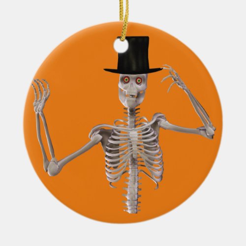 Waving Skeleton in Top Hat Halloween Ceramic Ornament