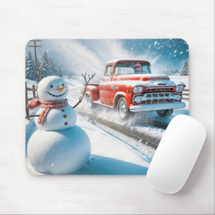 Waving Snowman With a Red Retro Truck Mouse Pad