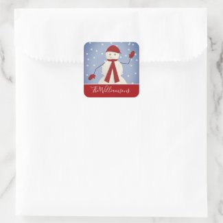 Waving Snowman with White Flowy Name on Red Square Sticker