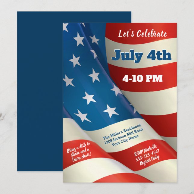 Waving U.S. Flag July 4th Party Invitation (Front/Back)