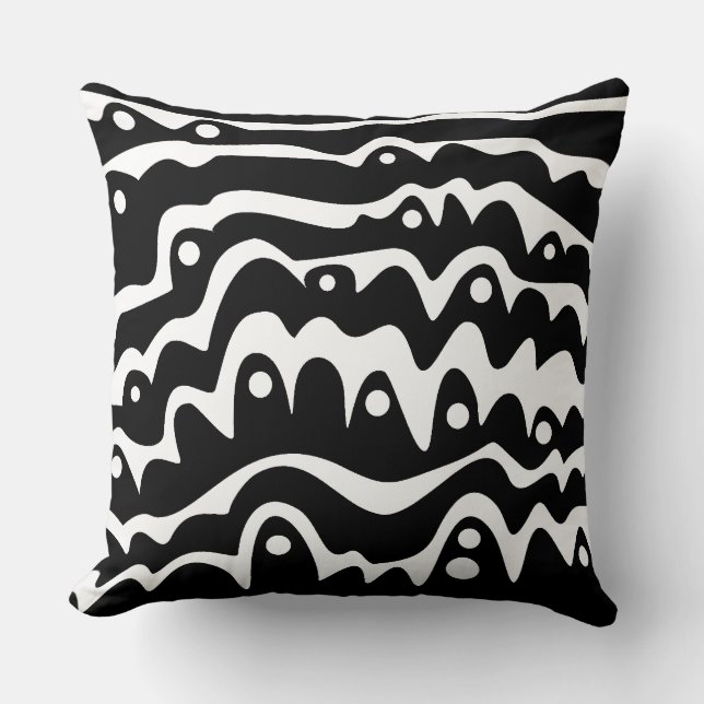 Wavy Abstract Black and White Throw Pillow (Front)