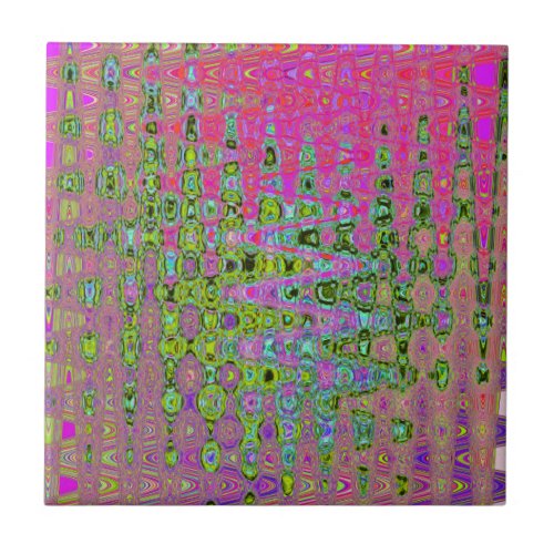 Wavy Abstract Green and Red Retro Mosaic Zigzags Ceramic Tile