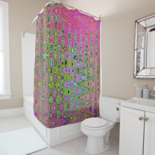 Wavy Abstract Green and Red Retro Mosaic Zigzags Shower Curtain