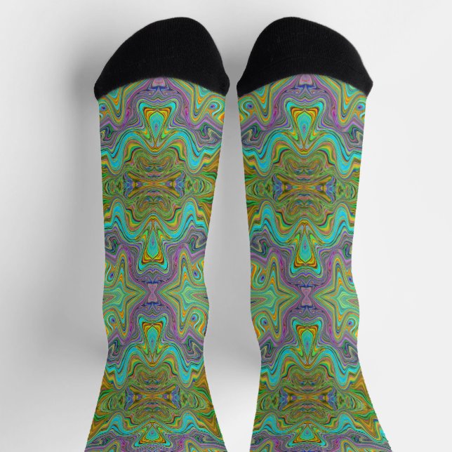 Wavy Aqua Blue and Orange Trippy Pattern Socks (Top)