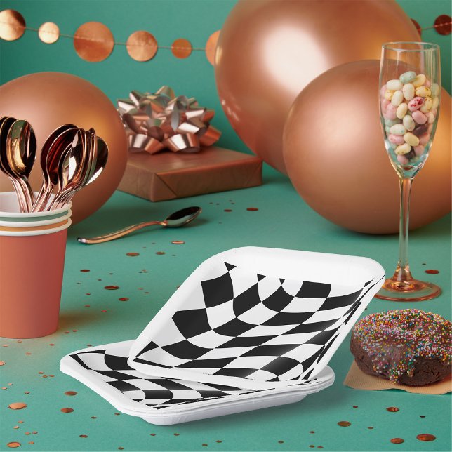Wavy Black and White Checkered Flag Racing Paper Plates (Creator Uploaded)
