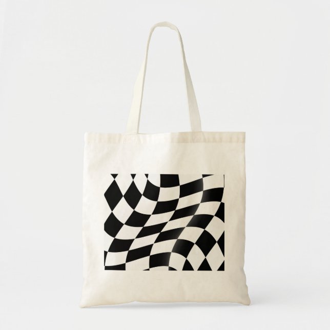 Wavy Black and White Checkered Flag Racing Tote Bag (Front)