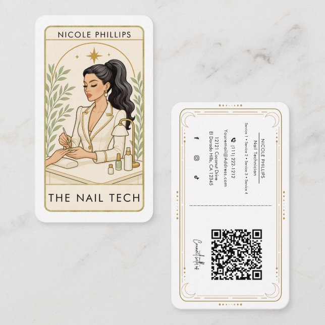Wavy Black Hair Nail Tech Social Media QR Business Card (Front/Back)