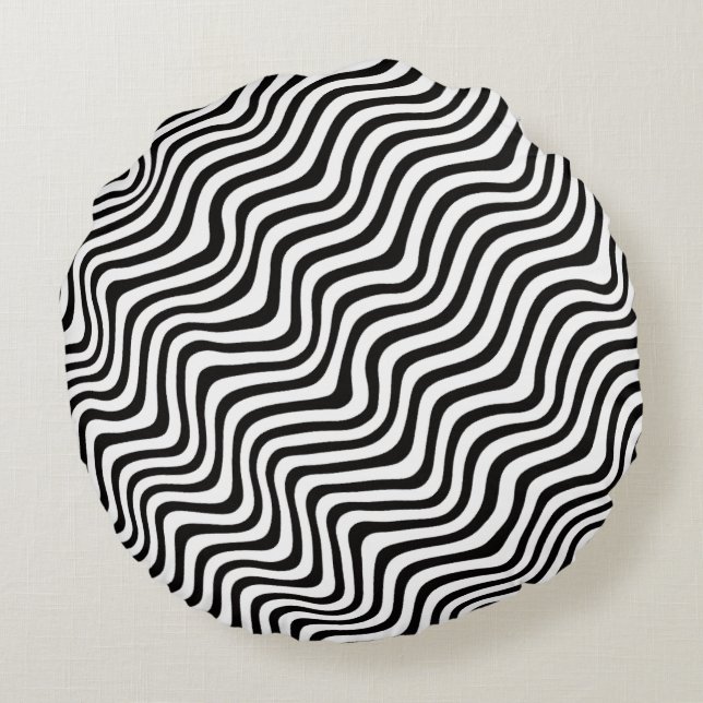 wavy black stripes op art printed round pillow (Back)