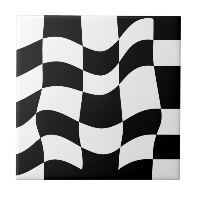 Wavy Black & White Op-Art Ceramic Tile (Front)