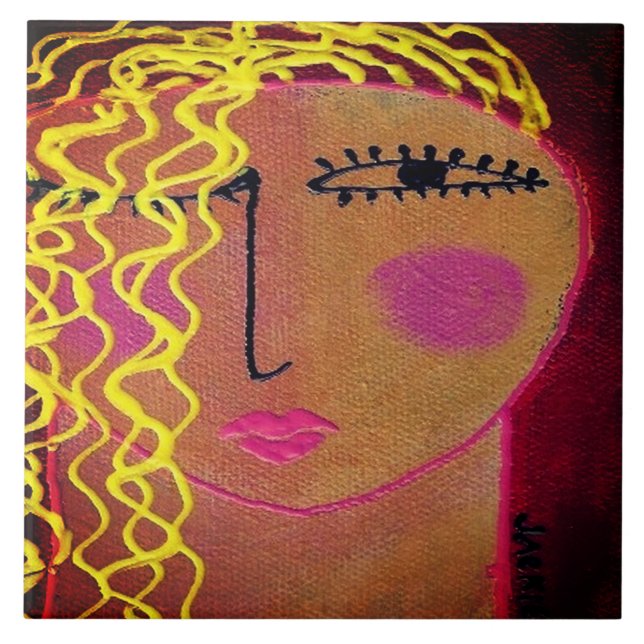 Wavy Blonde Hair Abstract Portrait of a Woman Ceramic Tile (Front)