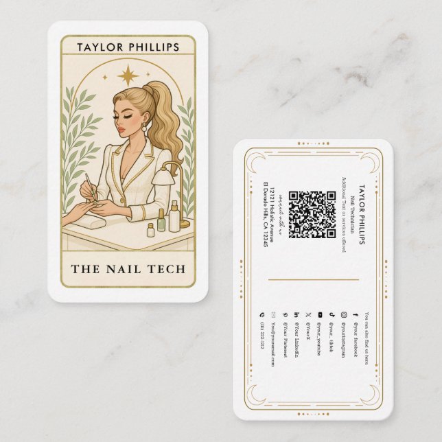Wavy Blonde Nail Tech Tarot Social Media QR Business Card (Front/Back)