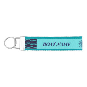 Wavy blue and aqua stripes boat name wrist keychain