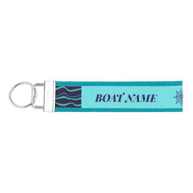 Wavy blue and aqua stripes boat name wrist keychain (Keys on Left)