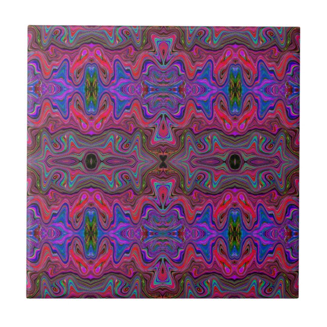 Wavy Blue and Rainbow Red Trippy Pattern Ceramic Tile (Front)