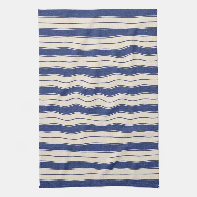 Wavy Blue and White Stripes Kitchen Towel (Vertical)