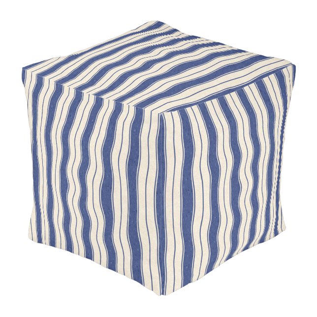 Wavy Blue and White Stripes Outdoor Pouf (Angled Front)