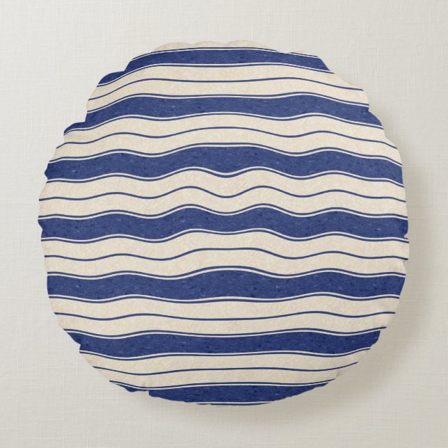 Wavy Blue and White Stripes Round Pillow (Front)