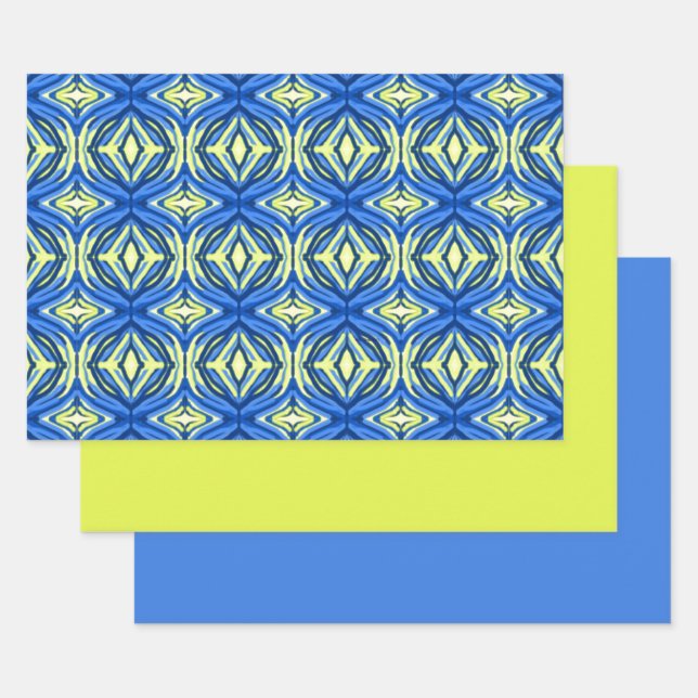 Wavy Blue and Yellow Kaleidoscope Wrapping Paper Sheets (Set)