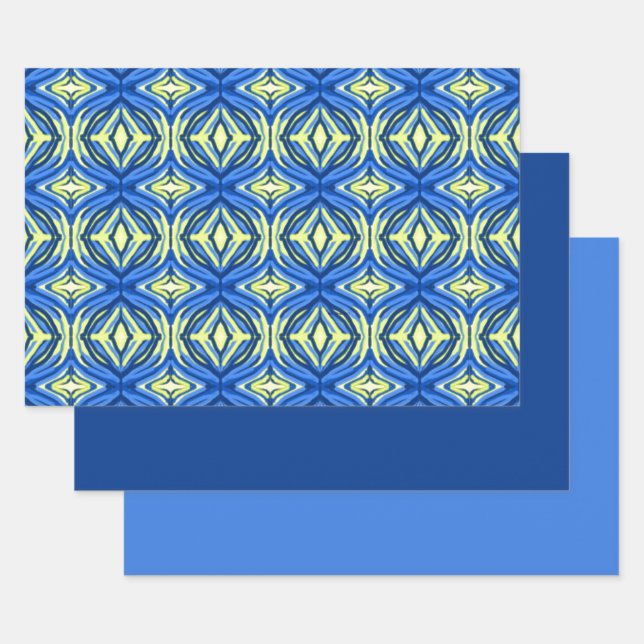 Wavy Blue and Yellow Kaleidoscope Wrapping Paper Sheets (Set)