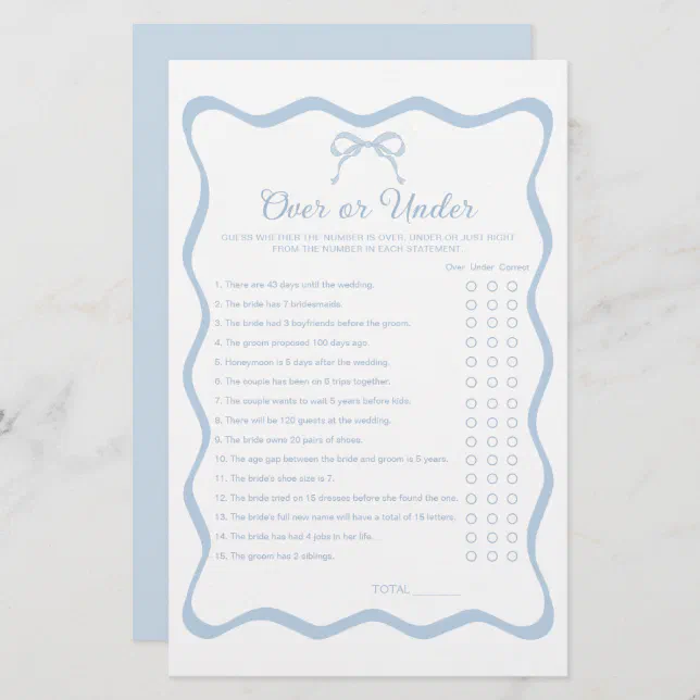 Wavy Blue Bow Bridal Shower Over Under Game | Zazzle