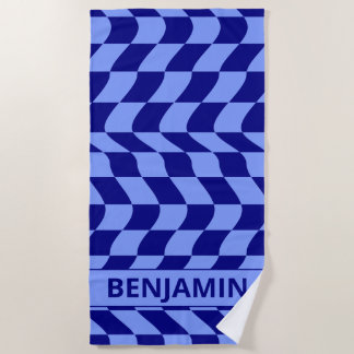Wavy blue checkered pattern with custom name beach towel