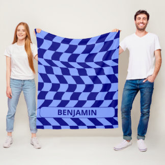 Wavy blue checkered pattern with custom name fleece blanket