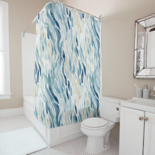 Wavy Blue Cream Abstract Beach Shower Curtain