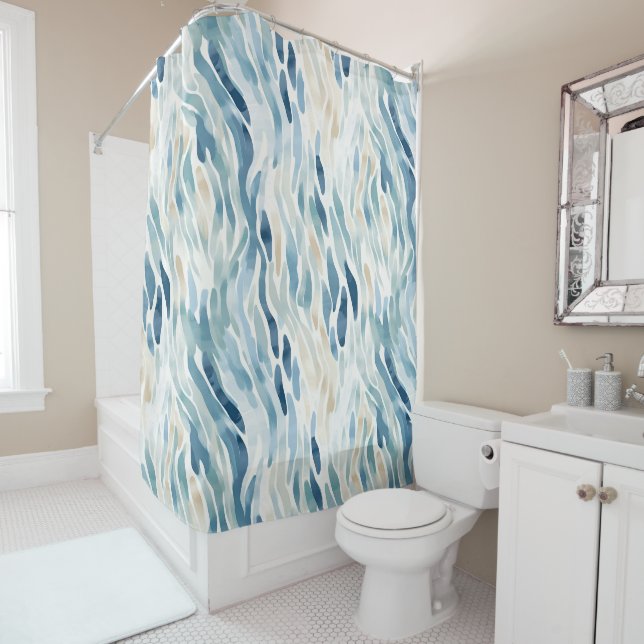 Wavy Blue Cream Abstract Beach Shower Curtain (In Situ)