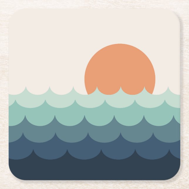 Wavy blue ocean at sunset square paper coaster (Front)
