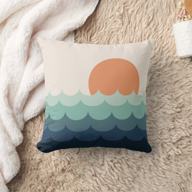 Wavy blue ocean at sunset throw pillow (Blanket)