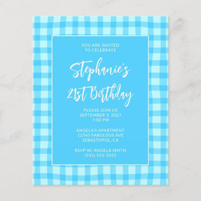 Wavy Blue Summer Gingham Bold 21st Birthday Flyer (Front)