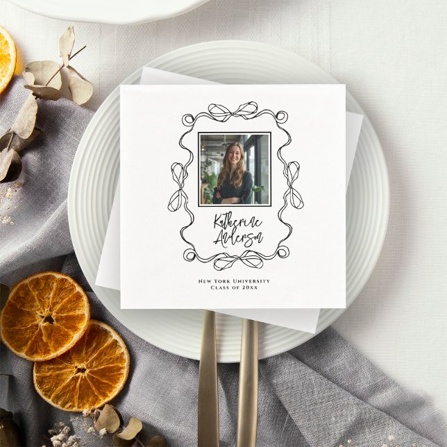 Wavy Border Black Bows Photo Graduation Party Napkins (Creator Uploaded)