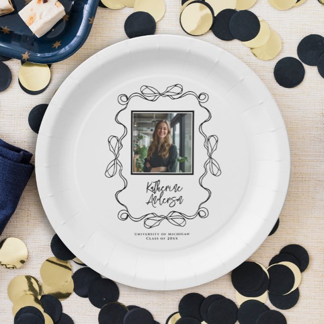 Wavy Border Black Bows Photo Graduation Party Paper Plates (Creator Uploaded)