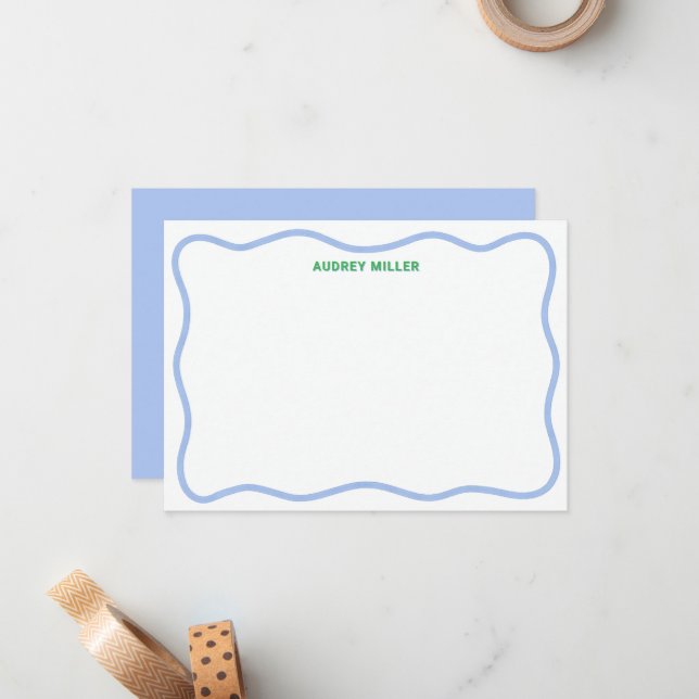 Wavy Border Blue Green Personalized Flat Note Card (Front/Back In Situ)