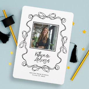 Wavy Border Bow Black Photo Graduation Party Invitation