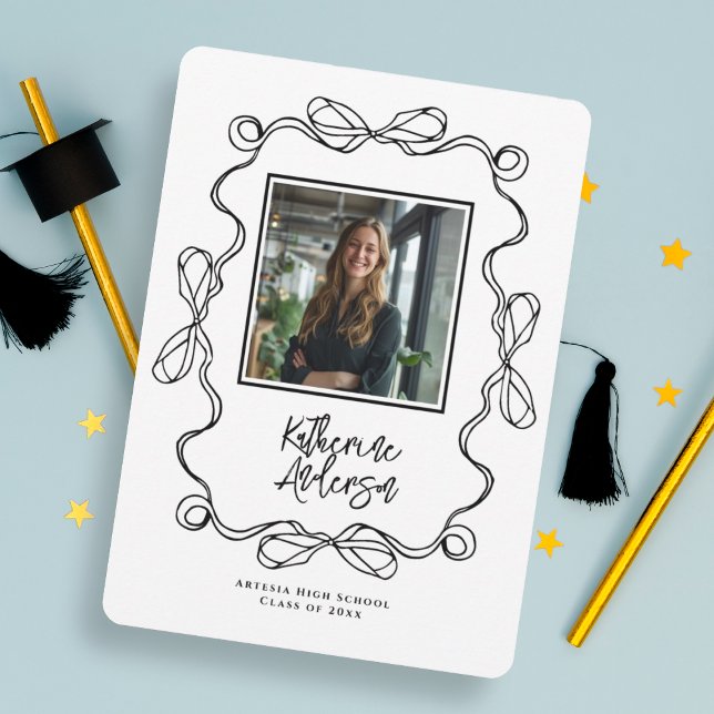 Wavy Border Bow Black Photo Graduation Party Invitation (Creator Uploaded)