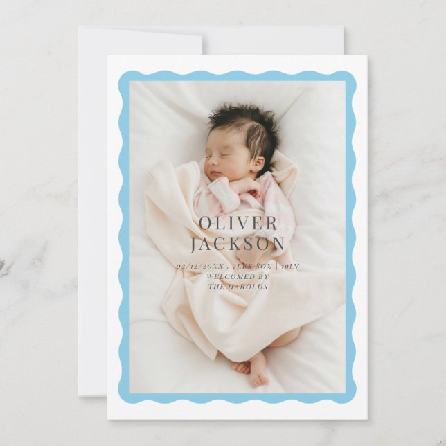 Wavy border cutesy design for a baby boy announcement (Front)