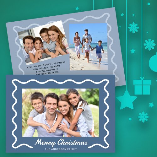 Wavy Border Merry Christmas 3 Photos Blue Holiday Card