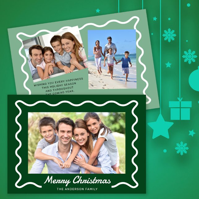 Wavy Border Merry Christmas 3 Photos Green Holiday Card (Creator Uploaded)