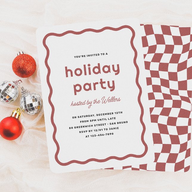 Wavy Border Modern Retro Christmas Holiday Party Invitation (Creator Uploaded)