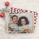 Wavy Border Modern Retro Christmas Photo Foil Holiday Card<br><div class="desc">Give your Christmas cards a sparkle with real gold, silver, or rose gold foil! This holiday foil card features your favorite photo framed by a bold, wavy real foil border. Foil-pressed “Happy holidays” is written in playful typography, with your family name below in cute script. The back showcases a fun,...</div>