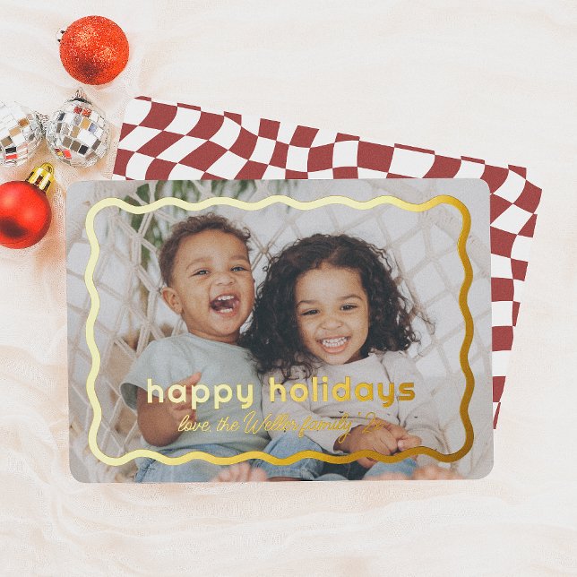 Wavy Border Modern Retro Christmas Photo Foil Holiday Card (Creator Uploaded)
