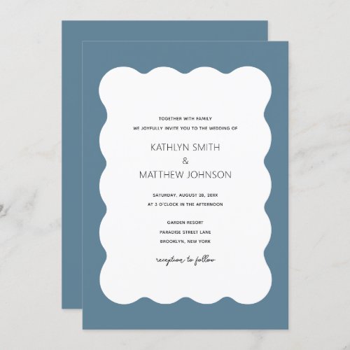 Wavy Border Modern Retro Dusty Blue Wedding Invitation