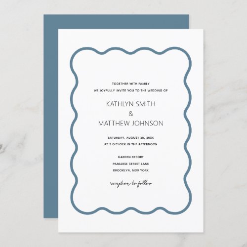 Wavy Border Modern Retro Dusty Blue Wedding  Invitation