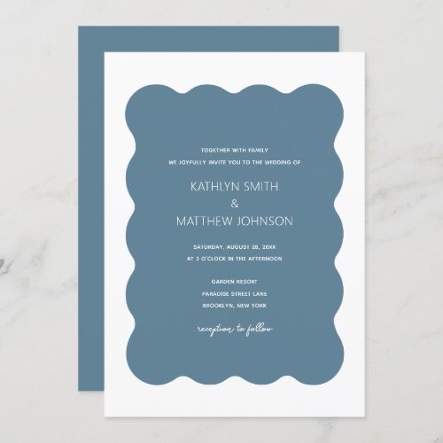 Wavy Border Modern Retro Dusty Blue Wedding  Invitation