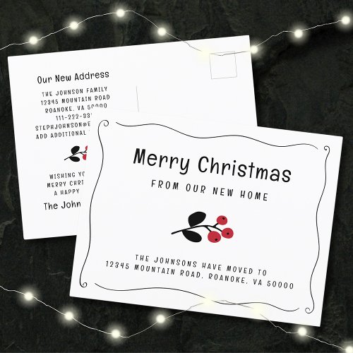 Wavy Border Red Berries Holiday Moving Announcement Postcard