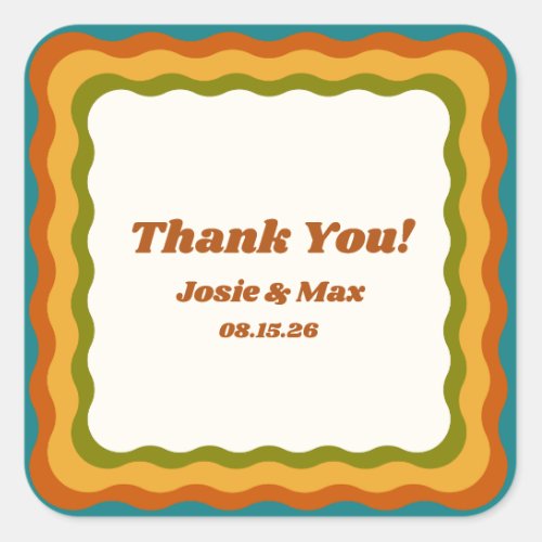 Wavy Border Retro 70s Colorful Thank You Wedding  Square Sticker